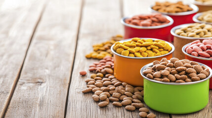 Fototapeta premium Colorful pet food products arranged bowls wooden table, showcasing various shapes and textures, creating vibrant display