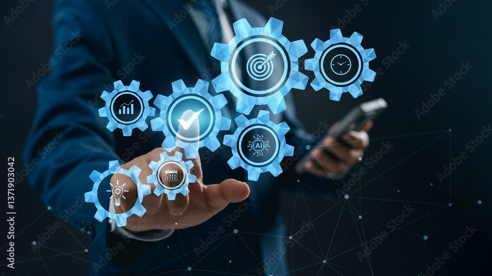 Leinwandbilder productivity and automation in business technology interface. businessman touching virtual gears wit