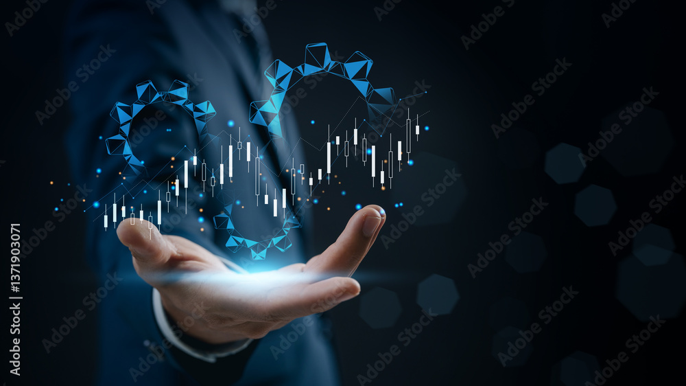 Leinwandbilder automation and data analytics for business productivity. businessman holding digital gears and risin