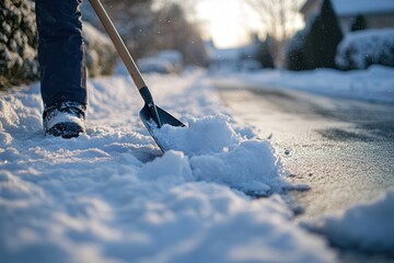 Person shoveling snow on a winter morning, clearing a pathway.