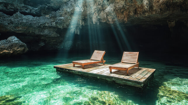 A serene photo of two wooden-framed lounge chairs on a weathered dock slab, partially submerged in crystal clear sea water - Powered by Adobe