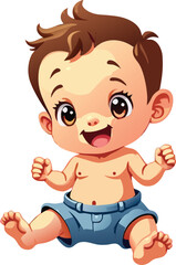 Fototapeta premium cartoon baby sitting happily. joyful baby with raised hands. playful baby with expressive eyes.