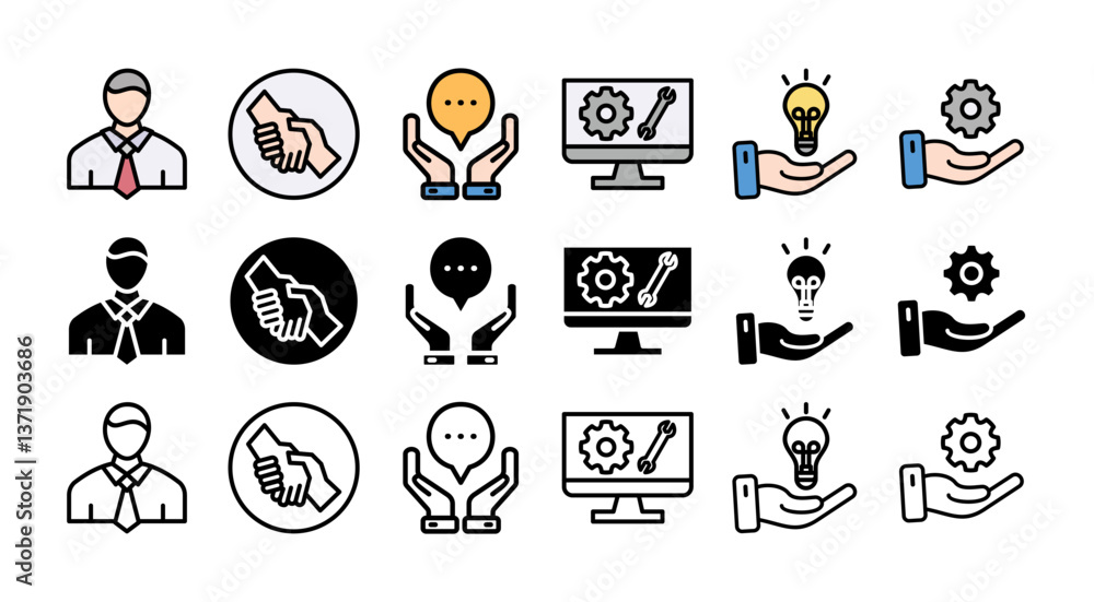 Poster it expert icon set with multiple style assistance, help, advice, remote maintenance, solutions and t