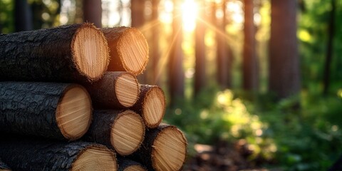 A stack of cut logs in a sunlit forest, showcasing natural textures and warm sunlight filtering through the trees.