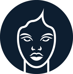 a woman's face in a circle with a black background