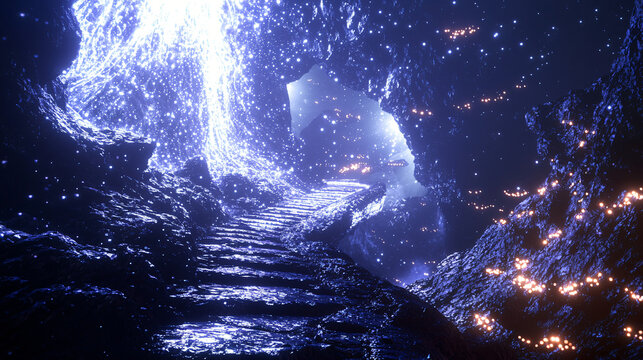 Enigmatic stairway leading into a mysterious cave with intriguing shadows and ethereal light creating a surreal dreamlike atmosphere.