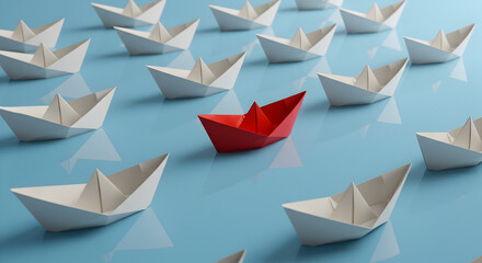 Red Paper Boat Leading White Paper Boats on Light Blue Water Surface Concept