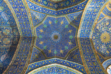 Persian Islamic Art and Architecture — Intricate Blue Mosaic Ceiling with Floral and Geometric Patterns, Famous Travel Destination in Iran