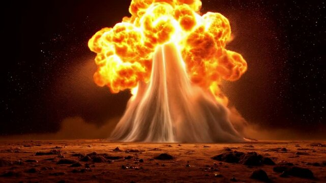 Massive nuclear explosion animation with fiery mushroom cloud rising from barren ground, intense cinematic blast effect ideal for war, sci-fi, disaster, or apocalyptic video animation scenes