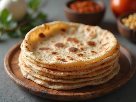 Whole Wheat Chapati Comfort: A stack of freshly made whole wheat chapatis with a slightly charred surface, served on a wooden platter against a dreamy, softly blurred background.