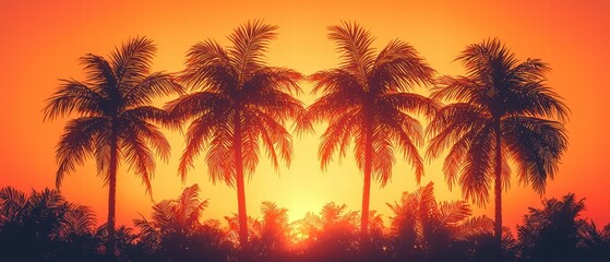Obraz premium Serene sunset view with palm trees framing the horizon under a colorful sky at dusk