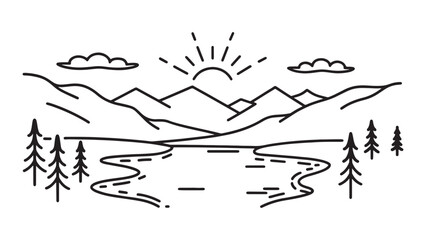 Frosty lake reflecting morning light, surrounded by snow-capped mountains under a clear sky line art flat vector illustration