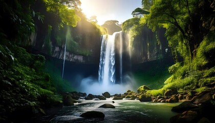 Luminous Waterfall Plunging into Lush Tropical Gorge