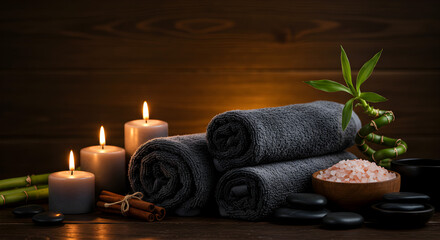 Obraz na płótnie Canvas Spa Still Life with Black Towels Bamboo Stalks and Lit Candles on Wood Surface for Wellness and Relaxation