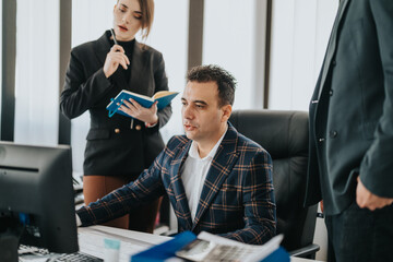 A group of business people interacting and discussing a project in a modern office setting,...