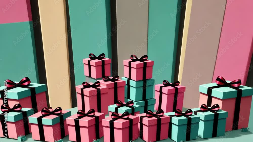 Poster A pile of presents with red bows on them. There are many different colors of presents. Some are green, some are yellow, and some are pink