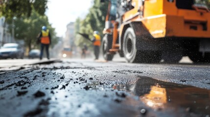 Workers wearing orange vests lay new asphalt on the roadway for a smooth road and cars