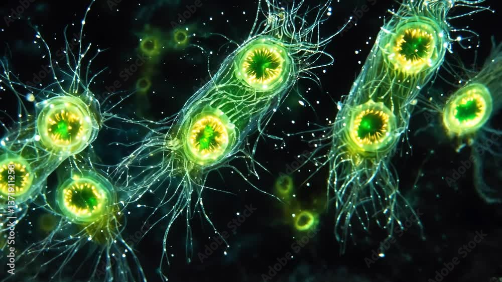 Poster microscopic view of green algae displaying vibrant colors and intricate structures in freshwater env