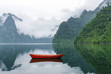 Obraz premium serene lake reflects majestic mountains and solitary red boat floats peacefully, creating tranquil atmosphere