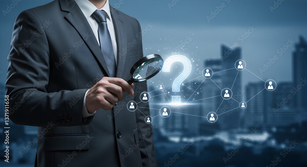 Poster businessman inspecting question mark in cityscape with magnifying glass network connection dots conc