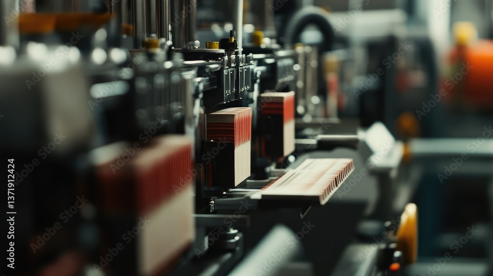 Poster a close-up of a modern meat processing line with automated slicing machines.