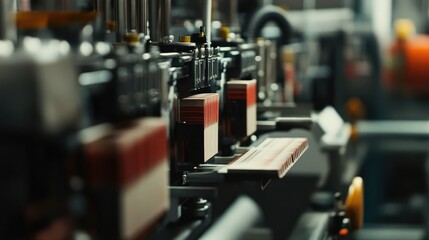 A close-up of a modern meat processing line with automated slicing machines.