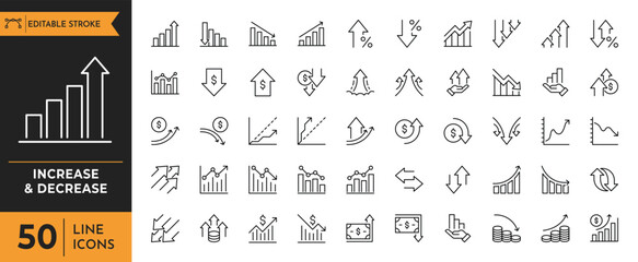 Increase and Decrease outline icon set. Contains such icons as stock market, profit, launch, Increase, Decrease, Growth, Fall, up, down, and more icons. Editable stroke. Vector illustration