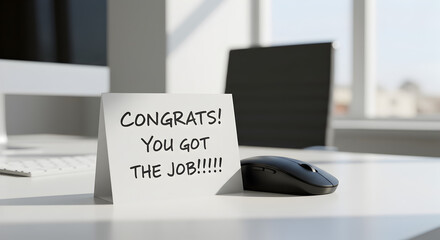 Close Up of Congratulations Note on White Office Desk With Computer and Mouse