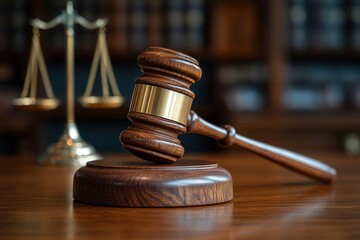 A wooden gavel and scales of justice symbolize fairness in a court setting.