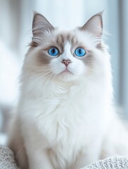 Obraz premium Fluffy White Cat with Striking Blue Eyes Staring at the Camera