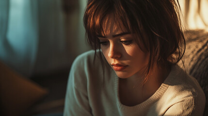 Fototapeta premium Close up of a woman with brown hair and bangs looking down with a sad or contemplative expression on her face