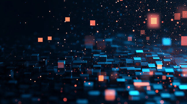Digital Universe: An abstract depiction of interconnected data points and glowing squares, symbolizing the digital world's complexity and boundless potential, all in a futuristic aesthetic.