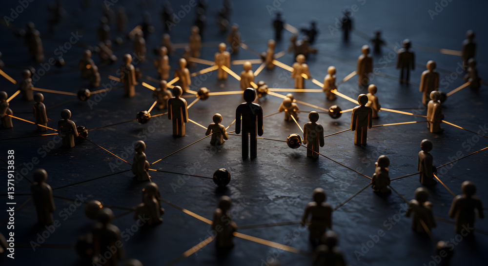 Aufkleber golden human figures connected by glowing lines on a dark gray background representing network commu