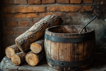 Fototapeta premium Rustic wooden barrel and firewood logs against a brick wall, evoking a cozy and warm atmosphere.