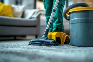 Person vacuuming carpet in a cozy living room, with cleaning equipment in the foreground.