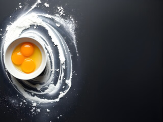 A bowl of egg yolks surrounded by flour on a black surface.