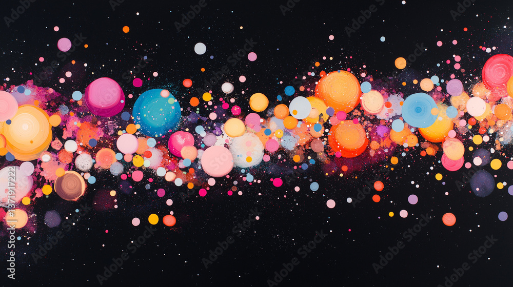Poster colorful bubbles on a dark canvas: a mesmerizing array of vibrant, floating spheres and dots, suspen