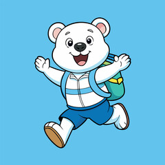 Baby polar bear with school-bag-jump-happy-face.  