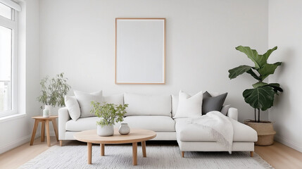 Cozy Living Room: A modern living room features a light-filled ambiance with a minimalist interior and comfortable seating, complemented by natural light, decor and plants.