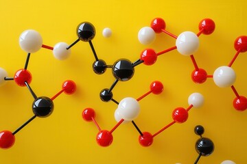 Colorful molecular structure model on vibrant yellow background, showcasing interconnected atoms in red, black, and white.