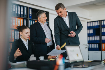 Three business colleagues discussing documents in an organized office setting with teamwork.