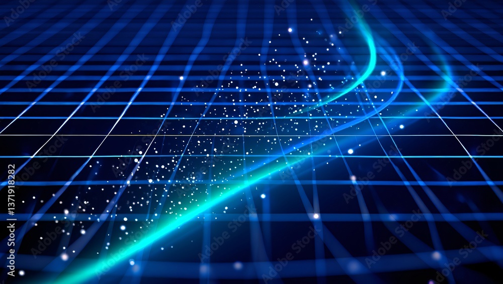 Poster abstract blue grid network with glowing lines and particles digital technology background