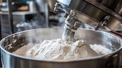 A large industrial food mixer blending ingredients for baked goods.