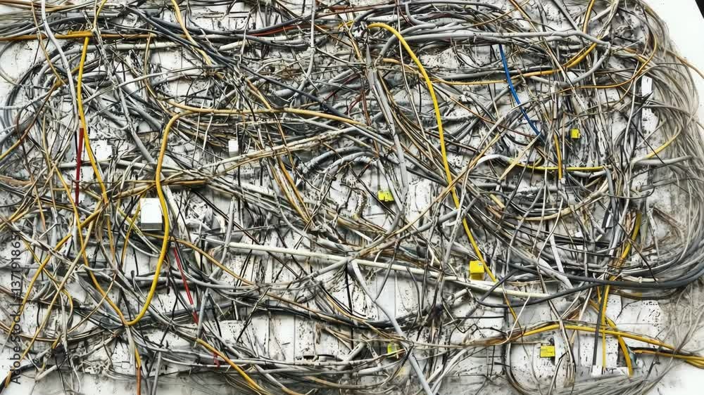 Poster tangle of wires showcasing complex networking setup in a technology workspace