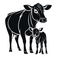 Black-silhouette-of-cow-and-calf-with-white background.