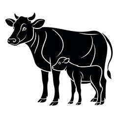 Black-silhouette-of-cow-and-calf-with-white background.