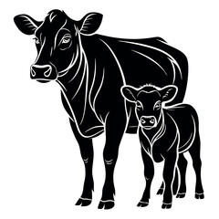 Black-silhouette-of-cow-and-calf-with-white background.