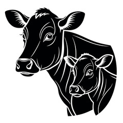 Black-silhouette-of-cow-and-calf-with-white background.