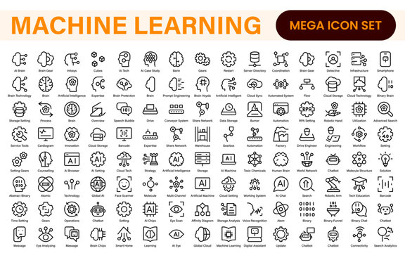 Artificial Intelligence Machine Learning Icons - AI, Neural Network, Deep Learning, Data Science, Algorithm - Vector, Outline, Line, Illustration, Minimal