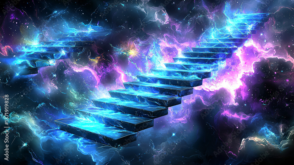 Poster surreal stairway in space surrounded by stars and cosmic elements creating a dreamlike illusion of f